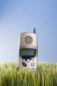 Studio shot of landline telephone placed in grass