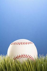 Studio shot of a baseball resting in grass.