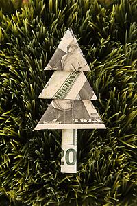 Studio shot of origami tree made from a twenty dollar bill placed in grass
