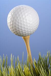 Studio shot of a golfball on a tee in grass.