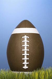 Studio shot of football resting in grass.