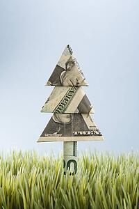 Studio shot of origami tree made from a twenty dollar bill placed in grass.