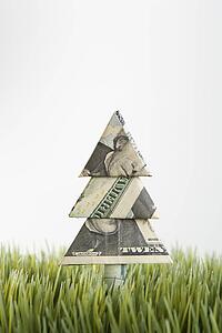 Studio shot of origami tree made from a twenty dollar bill placed in grass