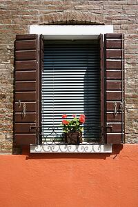 Potted red geraniums sitting on sunny window sill
