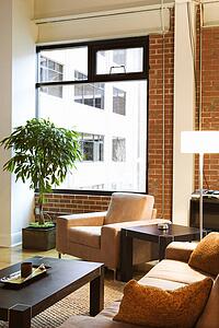 Living area of furnished loft apartment