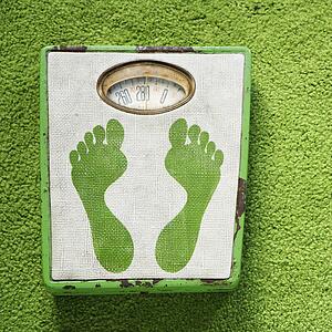 Vintage foot scale with green footprints against green carpet