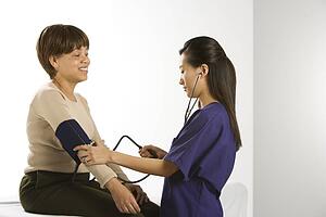 Asian Chinese mid-adult female medical practitioner checking blood pressure of African American middle-aged female patient.