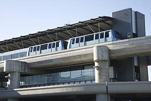 Low angle view of tram at airport. 