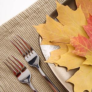 Table setting with plate of multicolor leaves as meal