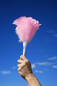 Close up of young female adult hand holding feather duster against sky