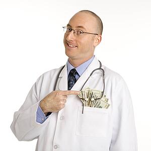 Caucasian mid adult male physician with cash hanging out of pocket.