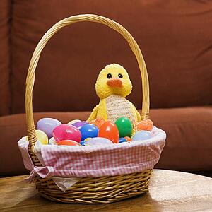 Easter basket holding eggs and yellow duck
