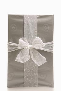 Large silver wrapped gift with bow