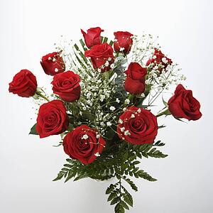 Bouquet of long-stemmed red roses with baby's breath against white background.