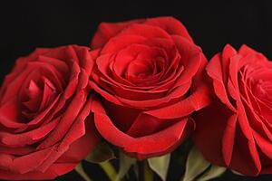Close-up of three red roses against black background.
