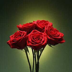 Bouquet of red roses against glowing green background.