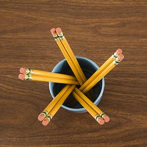 Bird's eye view of wooden pencils in cup