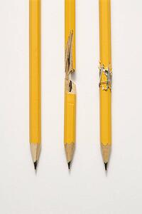 Whole pencil, broken pencil and stapled together pencil lined up against white background