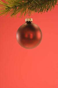 Still life of red Christmas ornament hanging from pine branch.