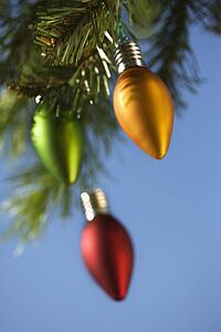 Red, green and orange ornaments hanging on Christmas tree branch against blue background.