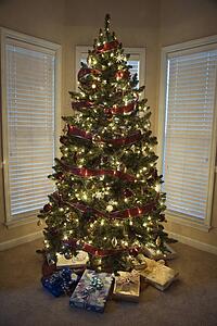 Christmas presents under decorated Christmas tree.