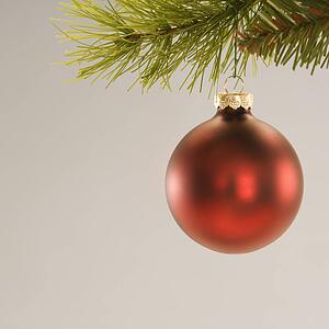 Still life of red Christmas ornament hanging from pine branch