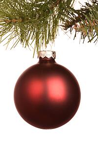 Still life of round red Christmas ornament hanging from pine branch.