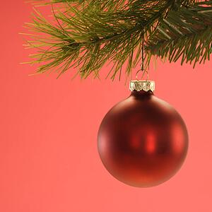 Still life of red Christmas ornament hanging from pine branch