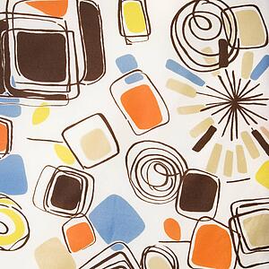 Close-up of colorful vintage fabric with abstract shapes and swirls printed on polyester