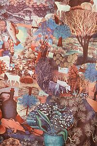 Close-up of vintage fabric showing chaotic combination of animals and nature printed on polyester