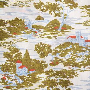 Close-up of vintage fabric with village and trees printed on polyester