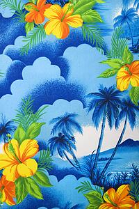 Close-up of bright blue Hawaiian vintage fabric with orange hibiscus flowers printed on polyester