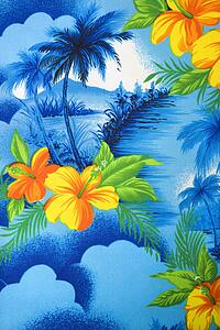 Close-up of bright blue Hawaiian vintage fabric with orange hibiscus flowers printed on polyester