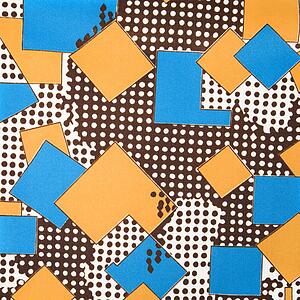 Close-up of colorful vintage fabric with blue and yellow shapes printed on polyester