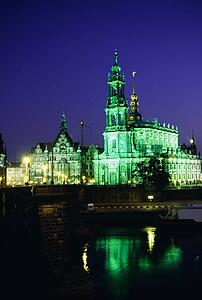 View of the Hofkirche and the Elbe River at night, Dresden, Saxony, Germany