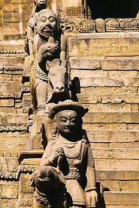 Statues beside stairs, Siddhi Lakshmi Temple, Bhaktapur, Nepal