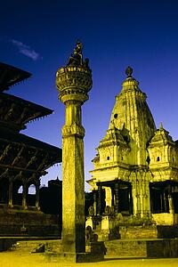 King Yoganarendra Malla statue at night, Patan, Nepal