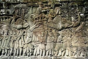 Detail of stone carvings, The Bayon Temple, Angkor Thom, Cambodia