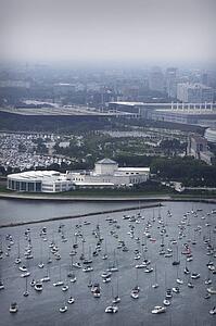 Aerial view of Chicago and harbor