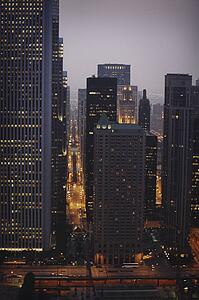 Chicago office buildings at dusk, Illinois, USA