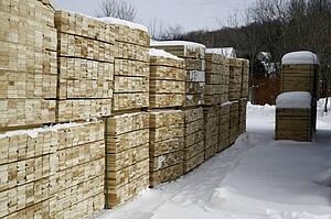 Softwood lumber in piles at winter