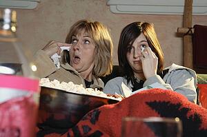Two women watching a sad movie