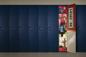 A row of lockers with one open