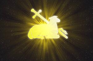 Illuminated lamb and cross in the sky