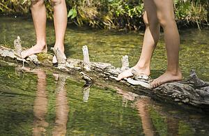Children standing on a log in a stream