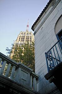 Low-angle view of two buildings