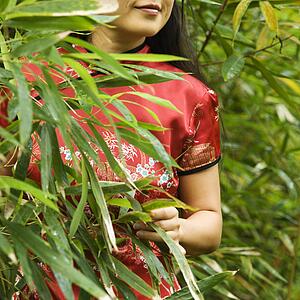 Portrait of a woman in ethnic attire in bamboo forest in Maui, Hawaii
