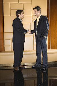 Two businessmen standing and shaking hands
