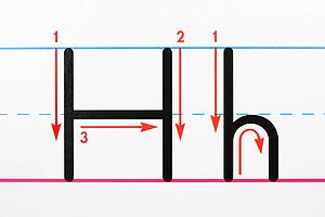 Close up of letter H handwriting practice page