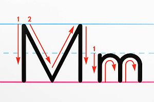 Close up of letter M handwriting practice page